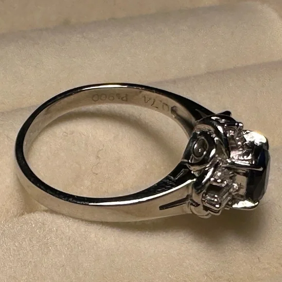 Platinum Natural Blue Sapphire & Diamond Jewelry Women Engagement Ring Size 4.9